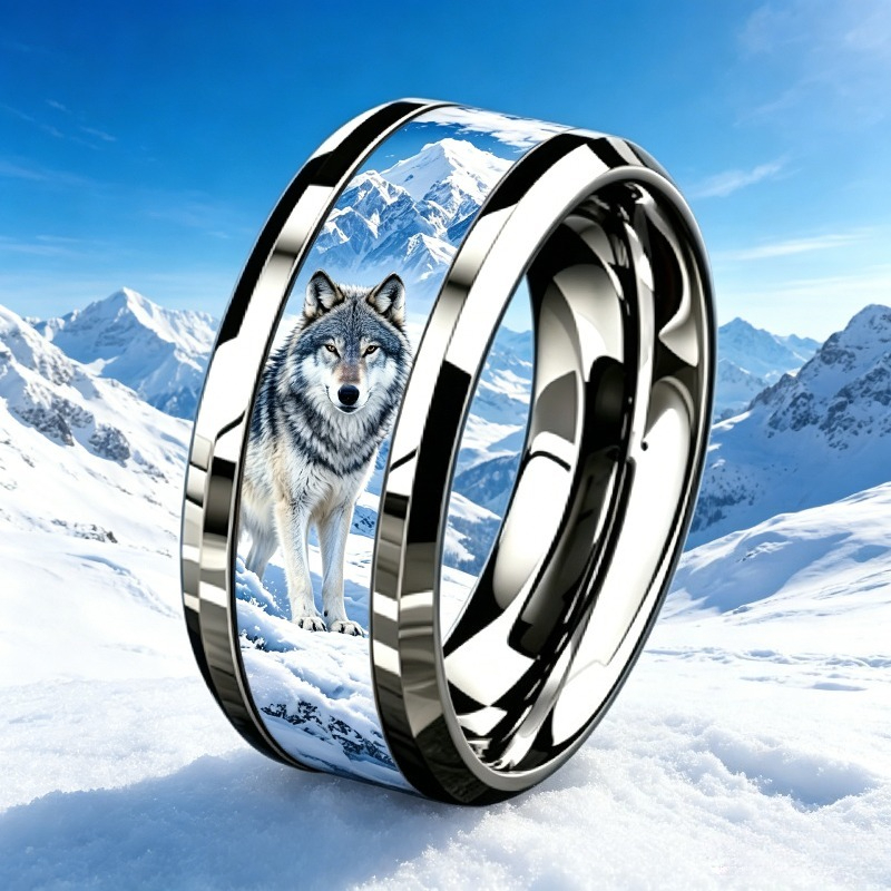 Snow Mountain Wolf Pattern Ring, Stainless Steel Design